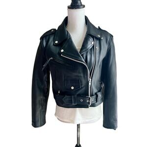 Unik black leather moto motorcycle biker jacket size L